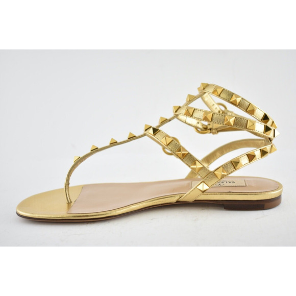 Valentino Rockstud KM5 Gold Leather Triple Ankle Strap Gladiator Flat Sandal 36 - Picture 7 of 10